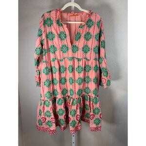 Oliphant Pink Green Floral Tiered Mini Dress L